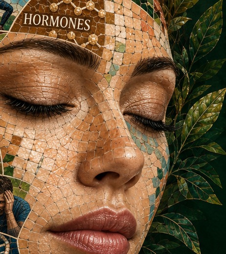 Detail of the mosaic: her closed eyes, calm, made of many pieces