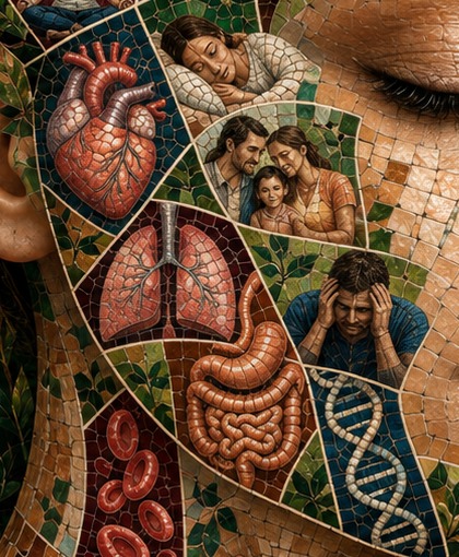 Detail of the mosaic: heart, lungs, and the people in her life